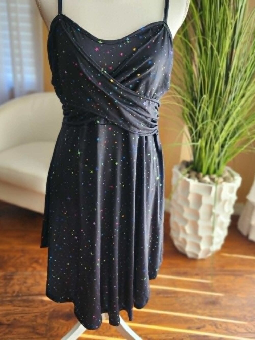 Black Celestial Star Print Cami Dress Adjustable Straps Fit & Flare